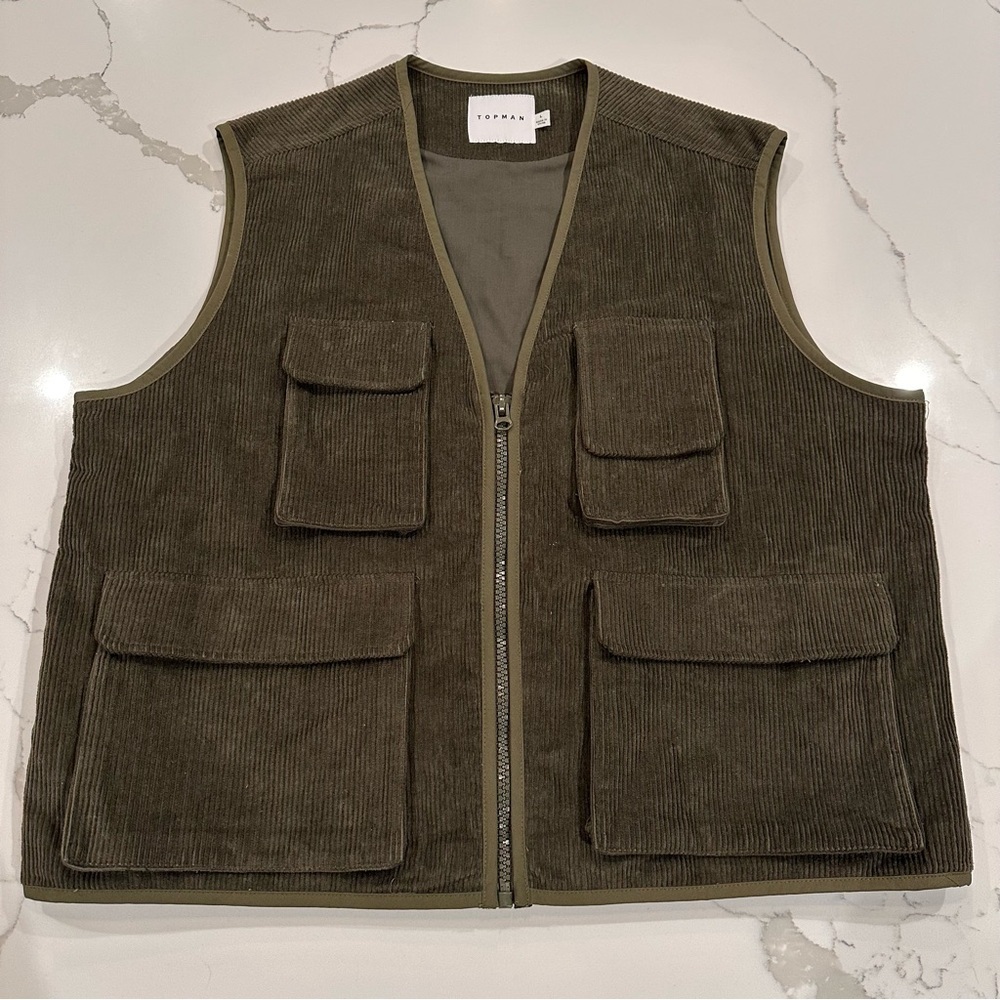 Topman Corduroy Utility Vest Men L Khaki Army Green Zip Pockets Retro Streetwear